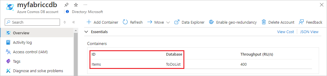 Azure Cosmos DB NoSQL API 계정에 대한 컨테이너 목록의 스크린샷.