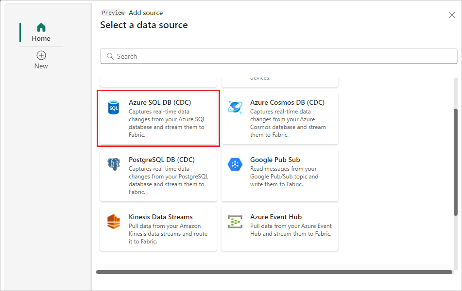 Azure SQL DB(CDC)를 선택하는 스크린샷.