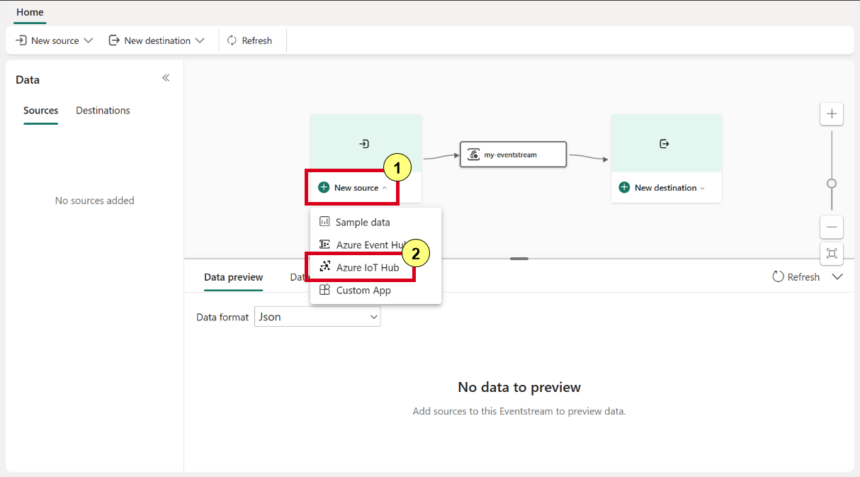 이벤트 스트림에서 Azure IoT 허브 소스를 추가가하기 위한 위치를 보여주는 스크린샷입니다.