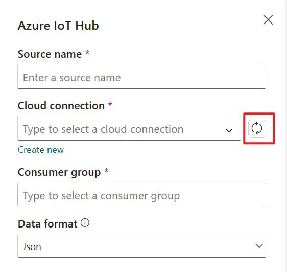 Azure IoT 허브를 위한 클라우드 연결을 새로 고침하기 위한 위치를 보여주는 스크린샷입니다.