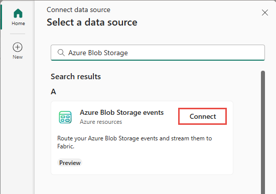 데이터 원본 선택 창에서 Azure Blob Storage 이벤트를 원본 유형으로 선택하는 방법을 보여 주는 스크린샷