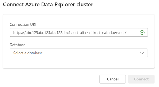 Azure Data Explorer 클러스터 URI를 보여주는 연결 창의 스크린샷. 클러스터 연결 버튼이 강조 표시됩니다.