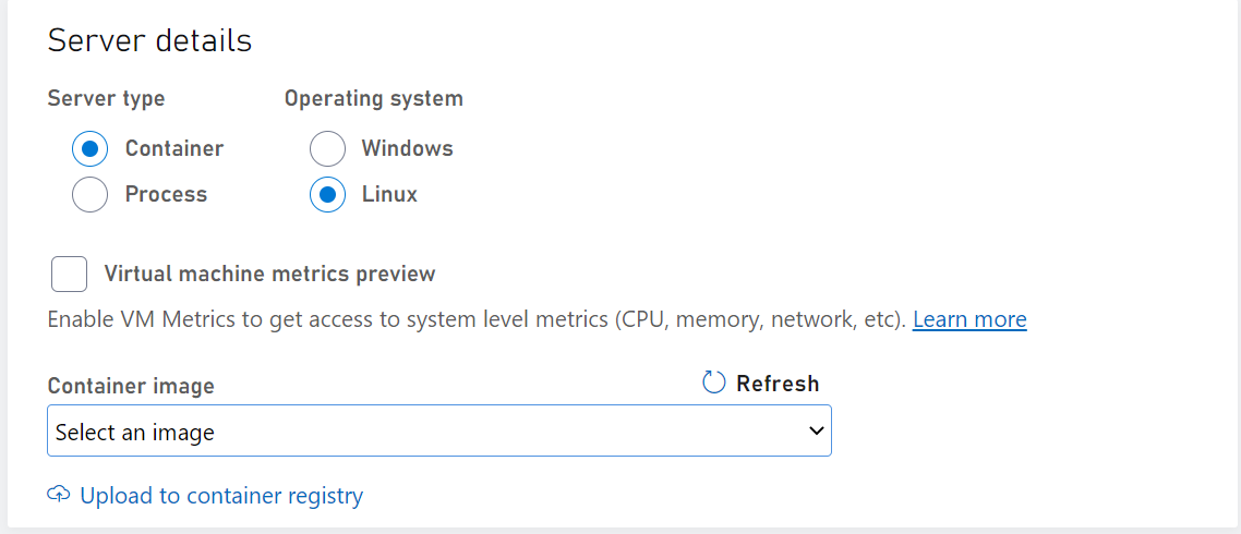 Linux 컨테이너가 OS 및 서버 유형으로 선택된 경우 서버 세부 정보