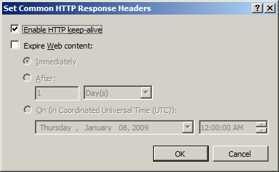 일반 H T T P 응답 헤더 설정 대화 상자의 스크린샷.