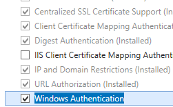 웹 서버 및 보안 창이 확장되고 Windows 인증이 선택된 스크린샷