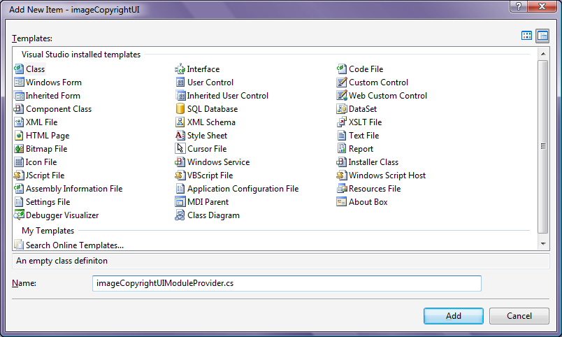 클래스 템플릿이 선택되고 이름 필드가 Copyright U I 모듈 공급자 dot c s 이미지로 채워진 새 항목 추가 대화 상자의 스크린샷