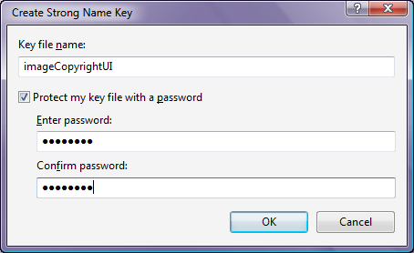 키 파일 이름 및 암호로 입력한 Copyright U 이미지를 만들고 확인한 이미지를 표시하는 강력한 이름 키 만들기 대화 상자의 스크린샷