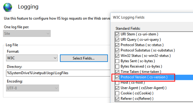 W 3 C 로깅 필드 메뉴에서 프로토콜 버전 C S 대시 버전이 선택된 필드 선택 드롭다운을 표시하는 I S 로깅 페이지의 이미지.