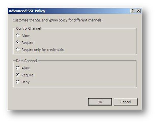 제어 채널 및 데이터 채널이 필수로 설정된 고급 SSL 정책 대화 상자의 스크린샷