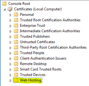 인증서 노드 아래에 강조 표시된 웹 호스팅을 보여 주는 스크린샷