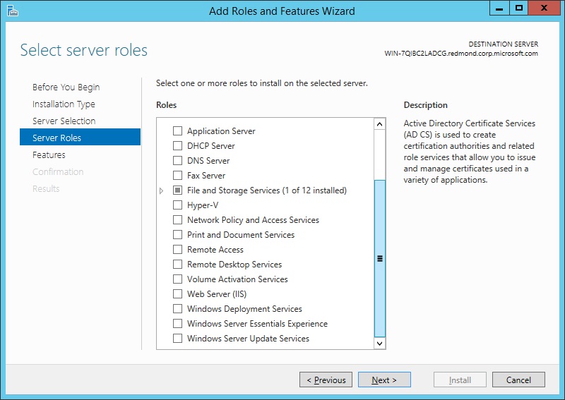 Windows Server 2012의 서버 역할 페이지를 보여 주는 스크린샷