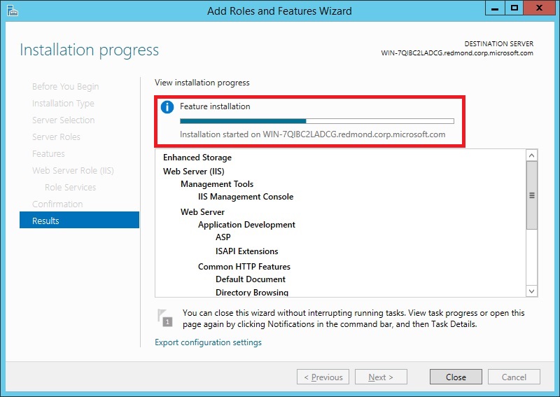 Windows Server 2012의 진행률 페이지를 보여 주는 스크린샷