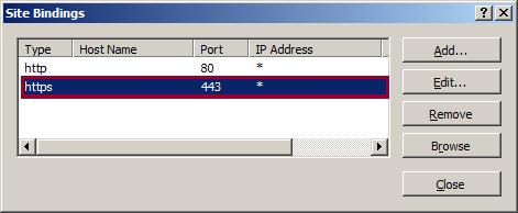 H T T P 및 H T T P S 바인딩이 모두 있는 사이트 바인딩 대화 상자의 스크린샷