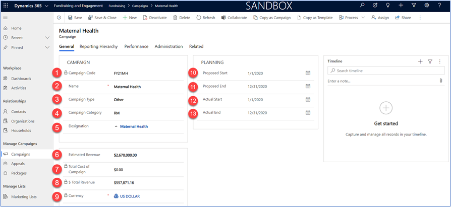 Work with the General tab of a campaign record.