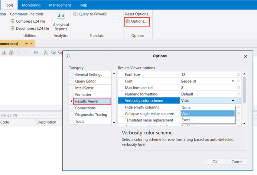 Screenshot of Kusto Explorer color scheme modification.