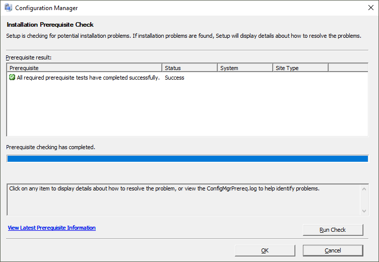 설치 필수 구성 요소 확인 도구를 Configuration Manager.