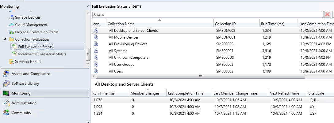 Configuration Manager 콘솔의 모니터링 작업 영역에 있는 전체 평가 상태 노드로, 컬렉션 평가 시간을 표시합니다.