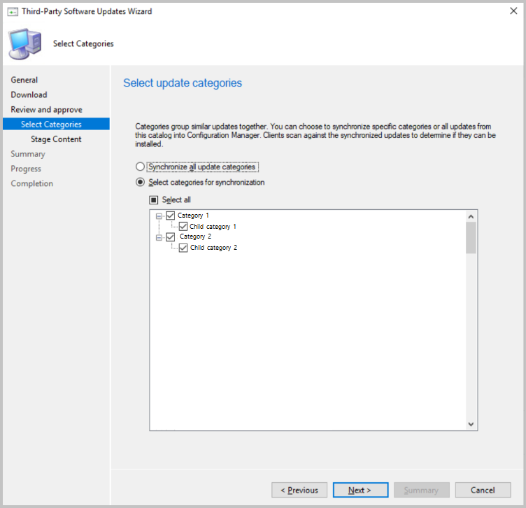 Configuration Manager 동기화할 업데이트 범주 선택