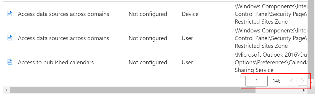 설정의 샘플 목록을 확인하고 Intune 관리 센터 및 Microsoft Intune 이전 및 다음 단추를 사용합니다.