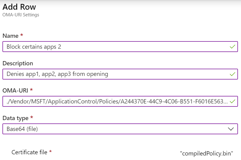 사용자 지정 OMA-URI를 추가하여 Microsoft Intune에서 ApplicationControl CSP를 구성합니다.