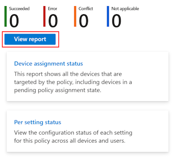 Microsoft Intune 및 Intune 관리 센터에서 디바이스 및 사용자 체크인 상태를 가져오기 위해 디바이스 구성 정책에서 보고서 보기를 선택하는 방법을 보여 주는 스크린샷