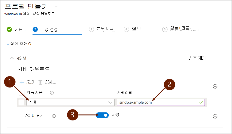 Microsoft Intune eSIM 다운로드 서버를 추가할 때의 구성 설정을 보여 주는 스크린샷