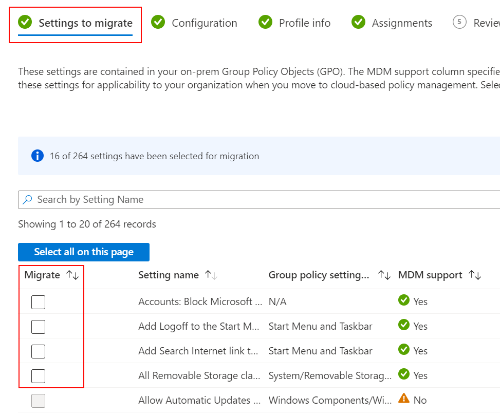 마이그레이션할 설정과 Microsoft Intune 마이그레이션 확인란을 선택하는 방법을 보여 주는 스크린샷