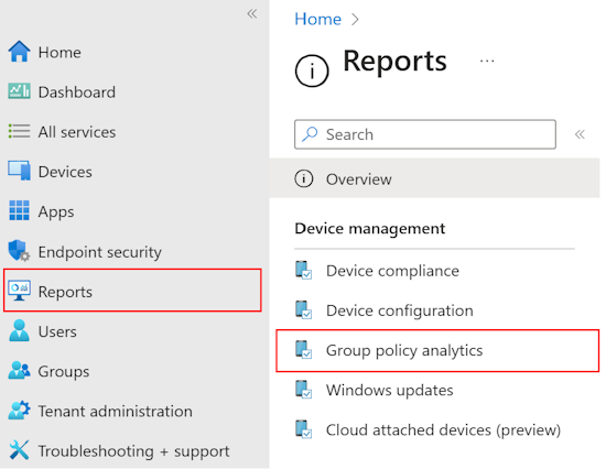 Microsoft Intune 및 Intune 관리 센터에서 그룹 정책 분석을 사용하여 가져온 GPO의 보고서 및 출력을 검토하는 방법을 보여 주는 스크린샷