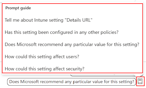 Microsoft Intune 및 Intune 관리 센터의 설정 카탈로그에서 Copilot 설정 프롬프트 가이드 및 사용 가능한 프롬프트 목록을 보여 주는 스크린샷