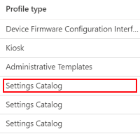 Microsoft Intune 및 Intune 관리 센터에서 설정 카탈로그를 여는 방법을 보여 주는 스크린샷