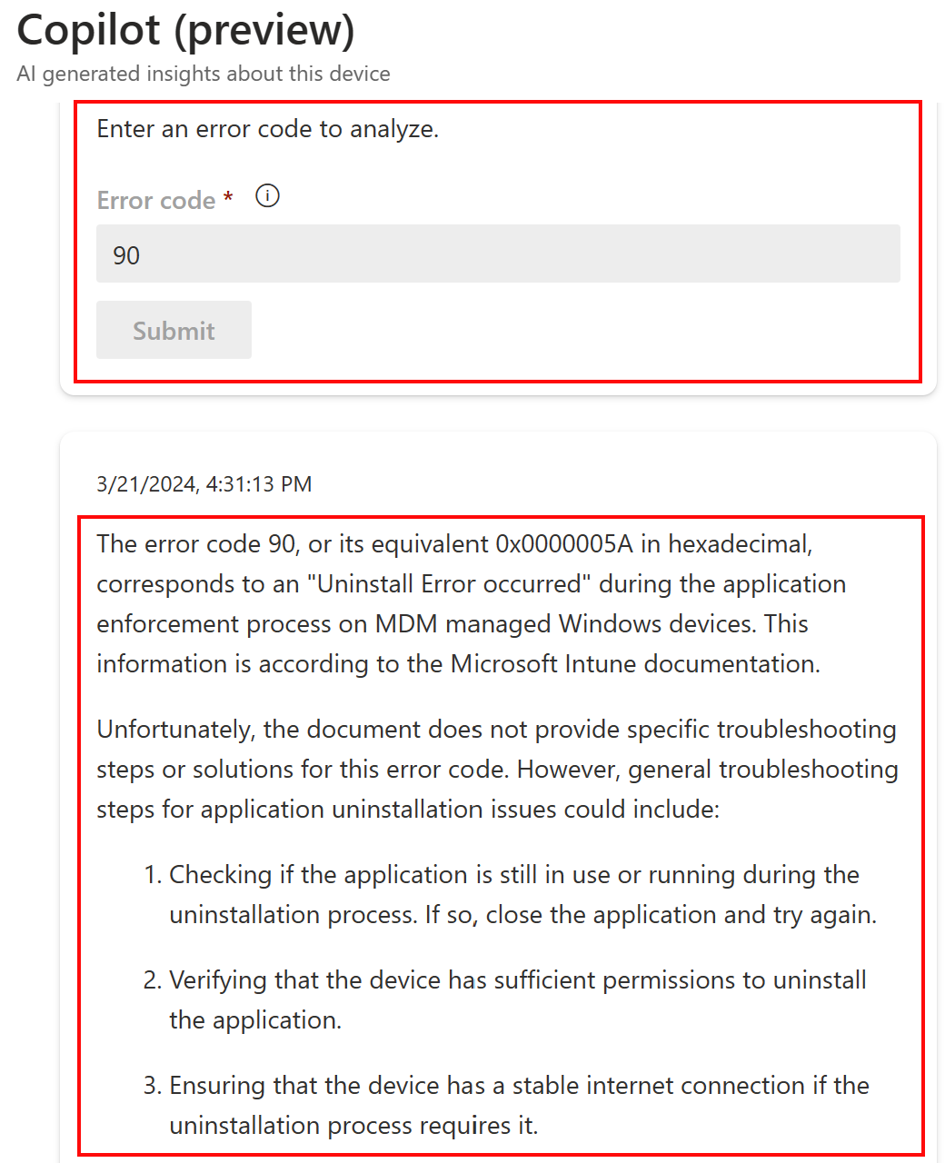 Microsoft Intune 또는 Intune 관리 센터에서 디바이스를 선택한 후 Copilot에서 오류 코드 분석 기능을 보여 주는 스크린샷