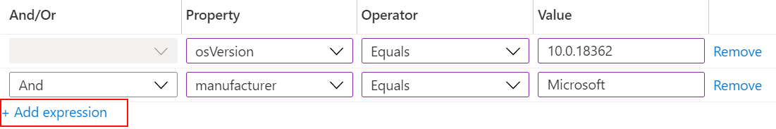 Microsoft Intune 규칙 작성기를 사용하여 식 필터를 만들고 정책에 할당하는 방법을 보여 주는 스크린샷