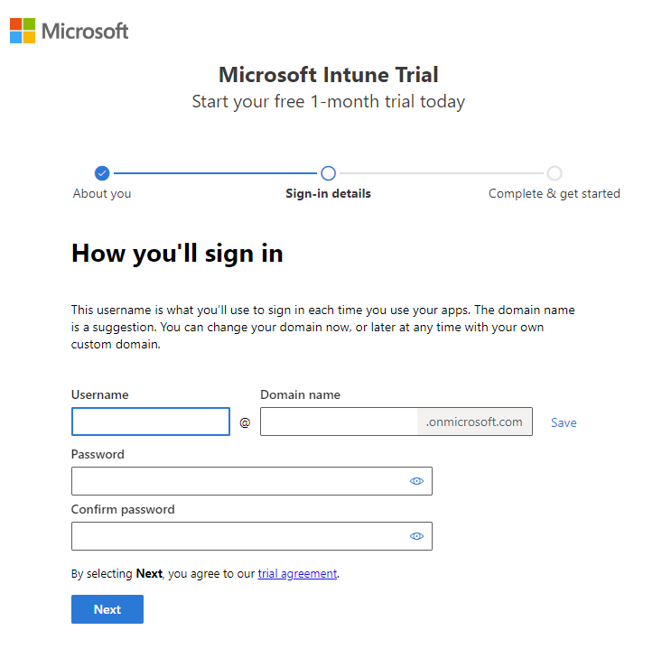 Microsoft Intune 설정 계정 페이지의 스크린샷 - 로그인