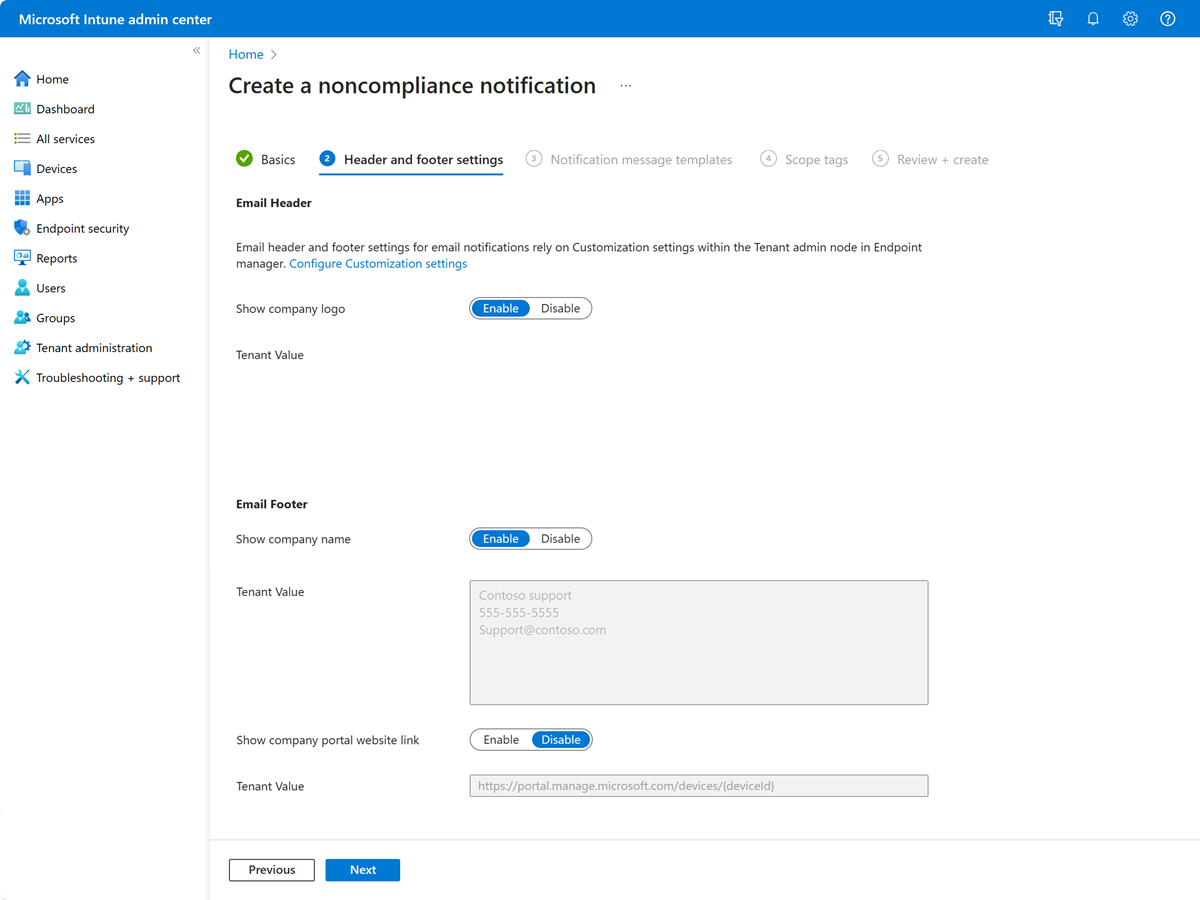 Intune 알림 메시지에 대한 머리글 및 바닥글 설정 페이지의 예를 보여 주는 스크린샷