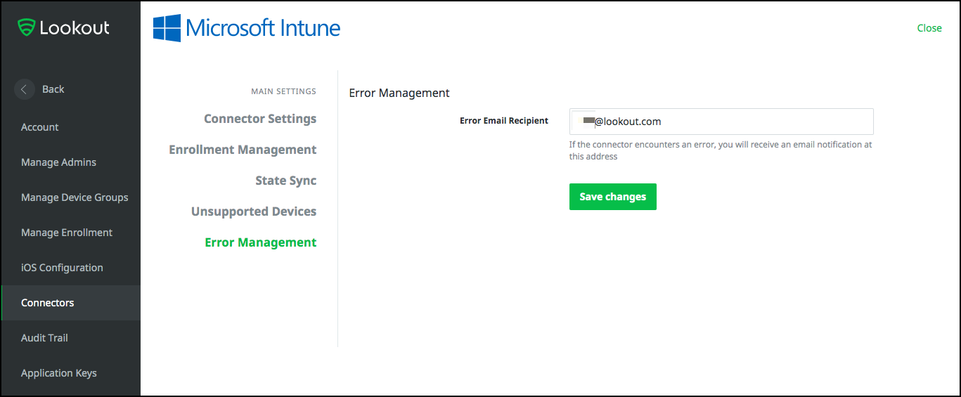 Intune 커넥터 오류 관리 페이지 스크린샷