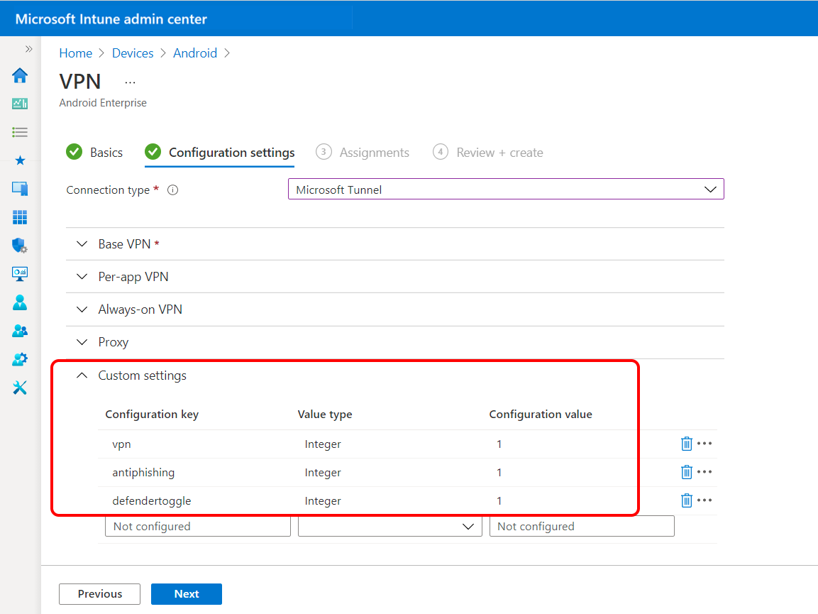 엔드포인트용 Microsoft Defender의 VPN 프로필에서 사용자 지정 설정 구성