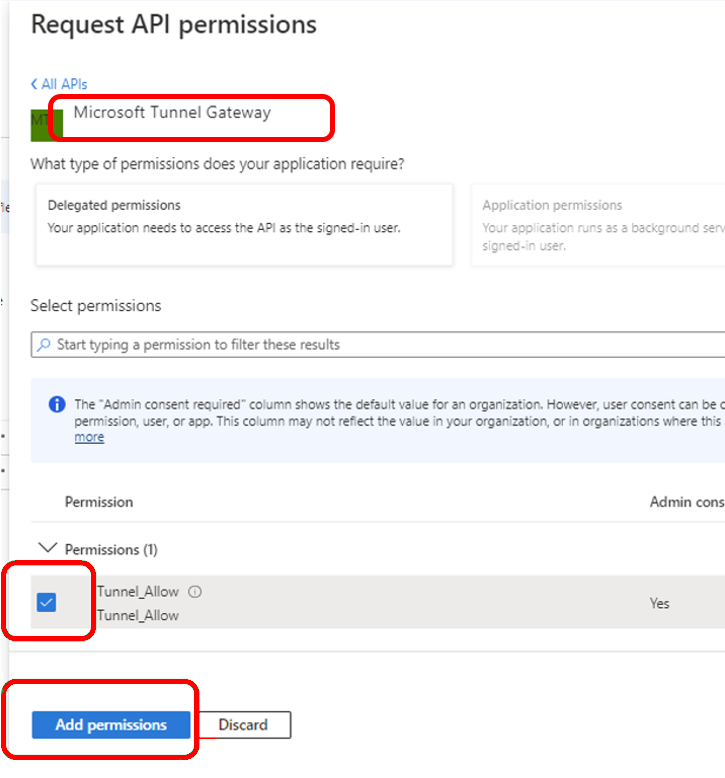 Microsoft Tunnel Gateway에 대한 API 권한을 구성합니다.