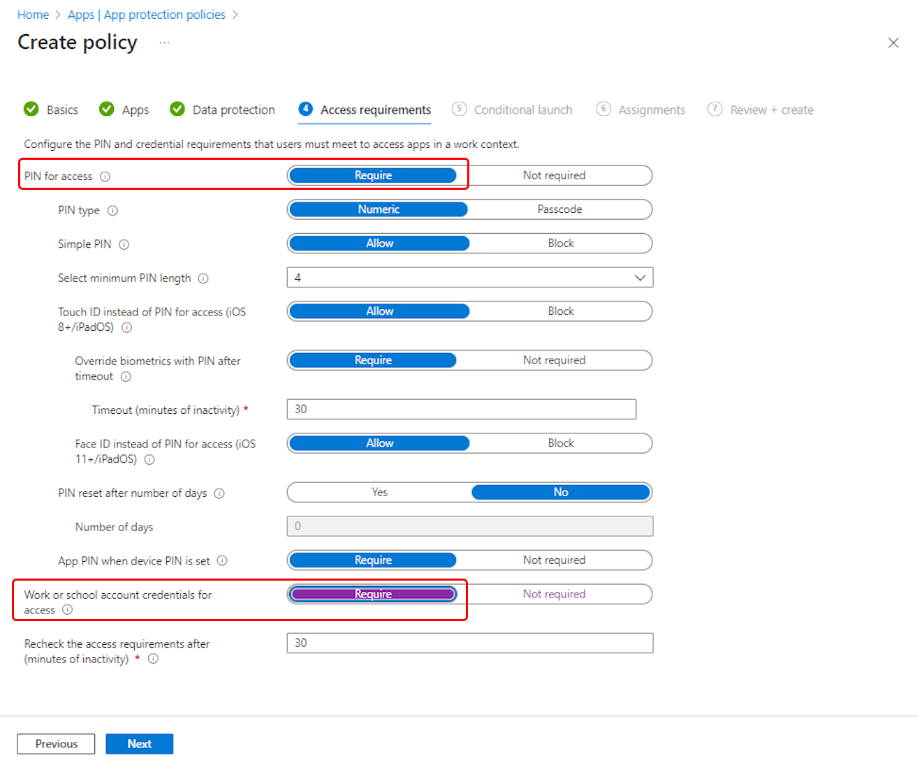 Outlook 앱 보호 정책 액세스 작업을 선택합니다.