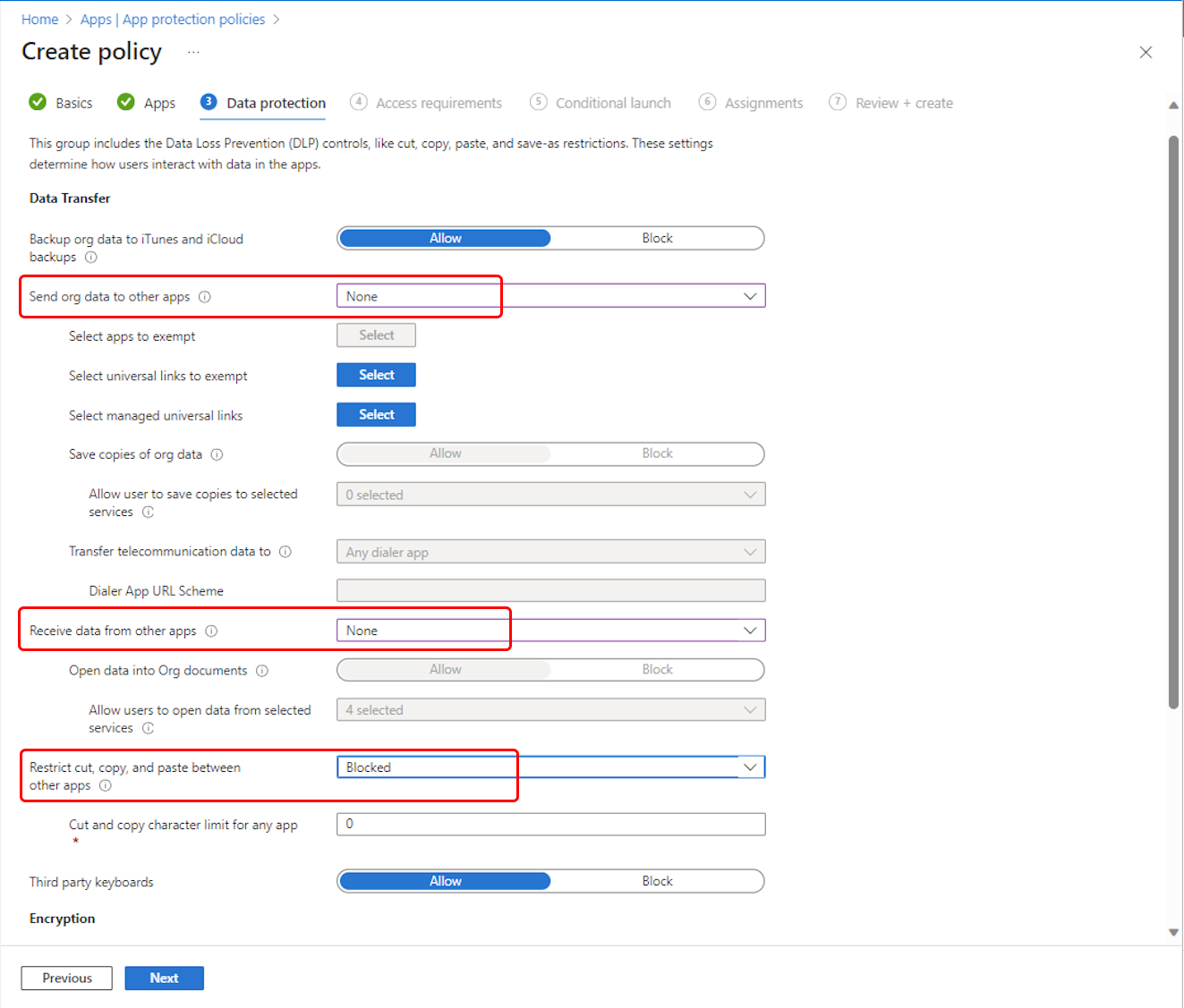 Outlook 앱 보호 정책 데이터 재배치 설정을 선택합니다.