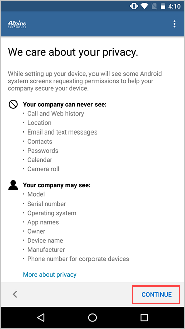 회사 포털의 스크린샷, Microsoft는 사용자의 개인 정보 보호에 관심이 있으며 계속 단추를 강조 표시합니다.