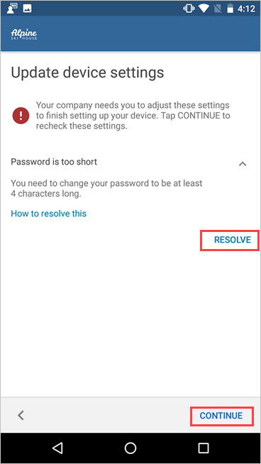 해결 및 계속 단추를 강조 표시하는 회사 포털, 디바이스 설정 업데이트의 스크린샷.