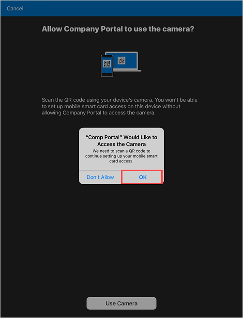 카메라 액세스를 허용하도록 권한을 요청하는 회사 포털 프롬프트의 예제 스크린샷
