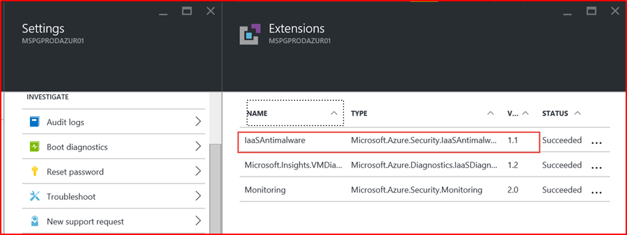 Azure Security Center의 스크린샷 VM에 맬웨어 방지 확장이 배포되었음을 보여줍니다.