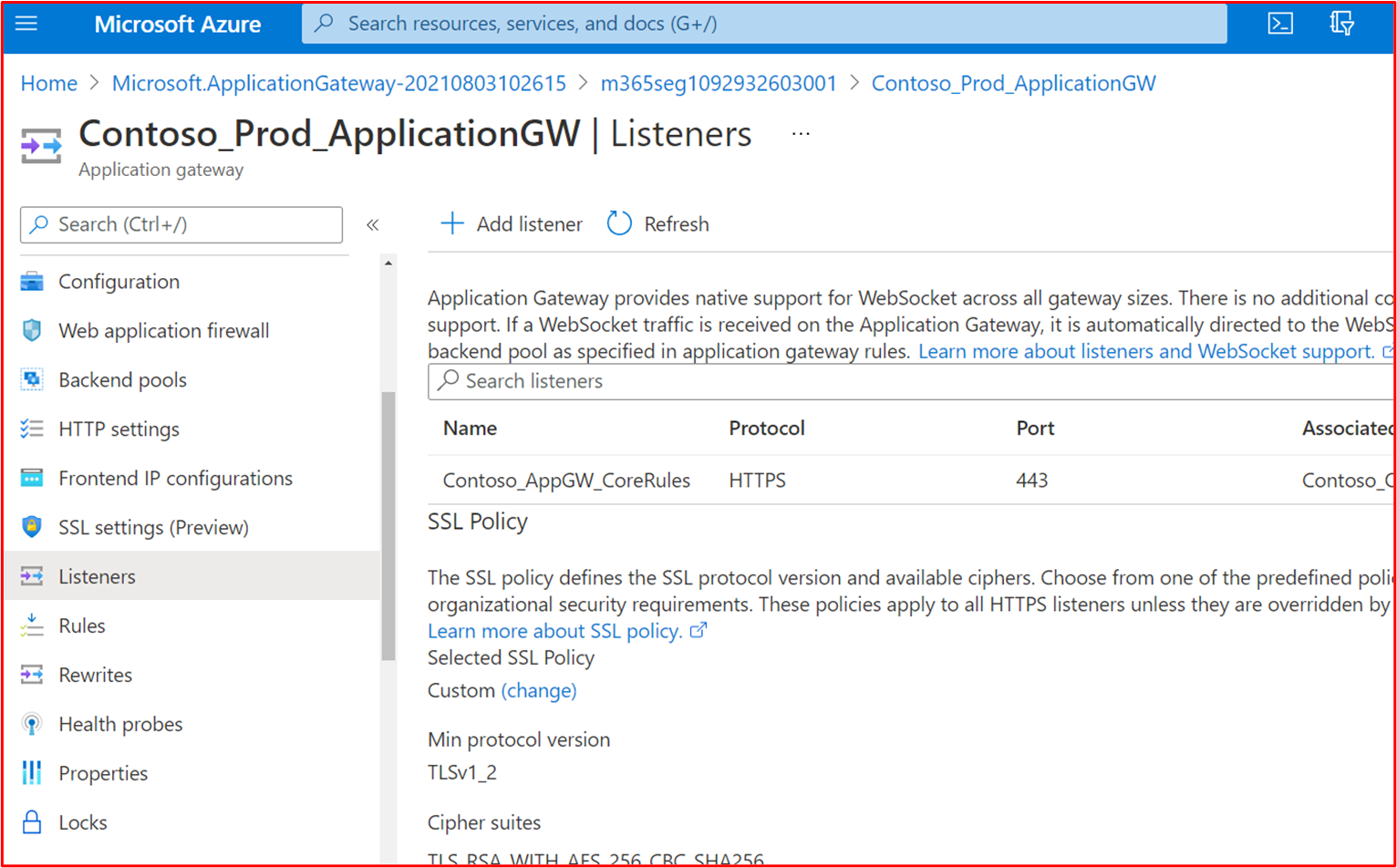 스크린샷은 Contoso Production Azure Application Gateway에 대해 구성된 것을 보여줍니다.