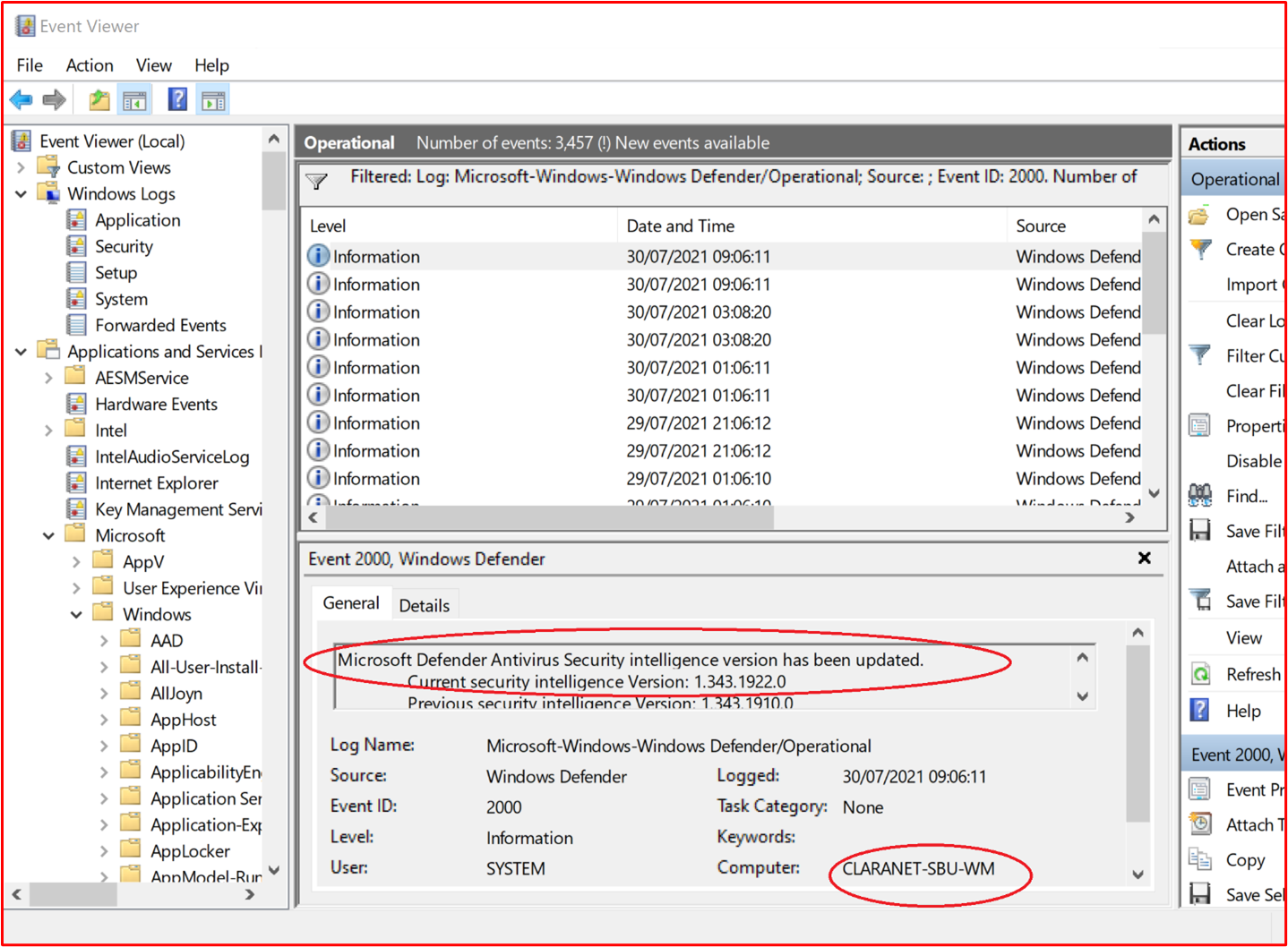 스크린샷은 '이벤트 2000, Windows Defender'를 보여 줌으로써 적어도 매일 업데이트하는 Microsoft Defender를 보여줍니다.