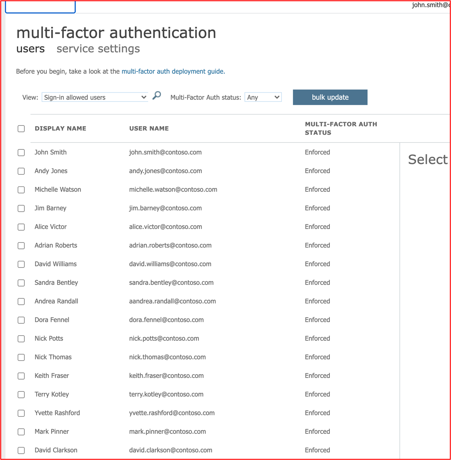 스크린샷은 모든 Azure 사용자가 MFA를 사용하도록 설정되어 있음을 보여 줍니다.