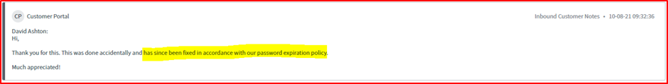 스크린샷은 ServiceNow 고객 포털 내의 업데이트를 통해 David Ashton @ Contoso가 이 문제를 해결했음을 확인합니다.