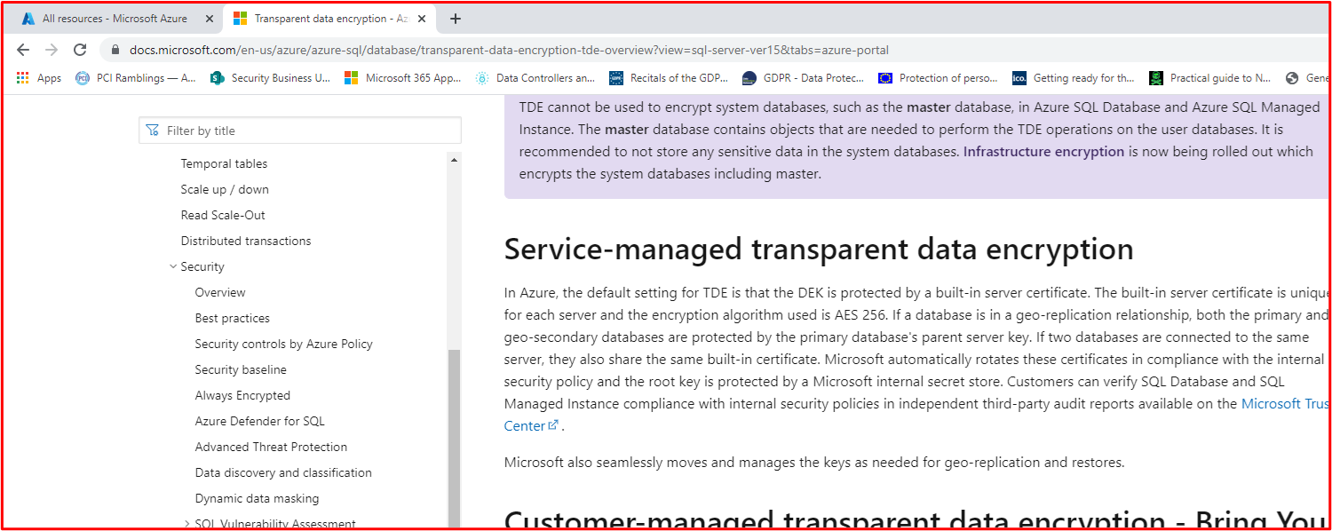 Azure TDE에 AES 256 암호화가 사용되는 것을 보여 주는 스크린샷