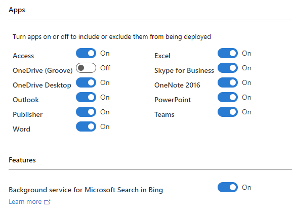 다양한 앱과 Bing의 Microsoft Search에 대한 백그라운드 서비스를 보여 주는 Microsoft 365의 앱 및 기능에 대한 구성 설정 스크린샷