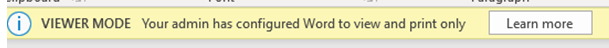 보기 및 인쇄 전용으로 구성된 Word 나타내는 뷰어 모드 알림의 스크린샷